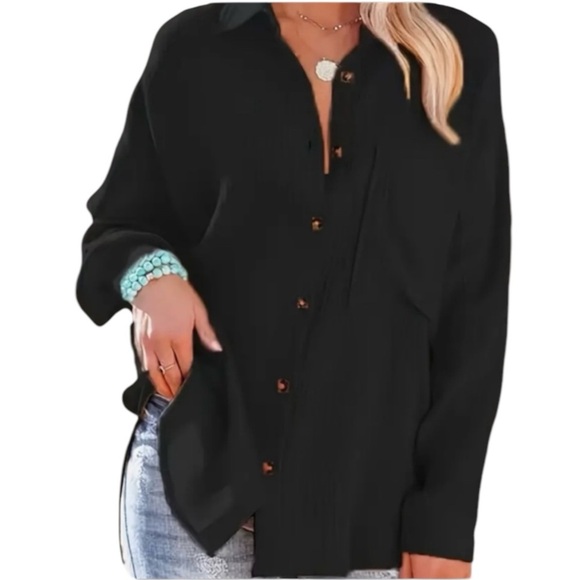 Black Button Up Shirt Turn Down Collar Blouse Black XXL 14 Plus Size Work Casual - Picture 1 of 4